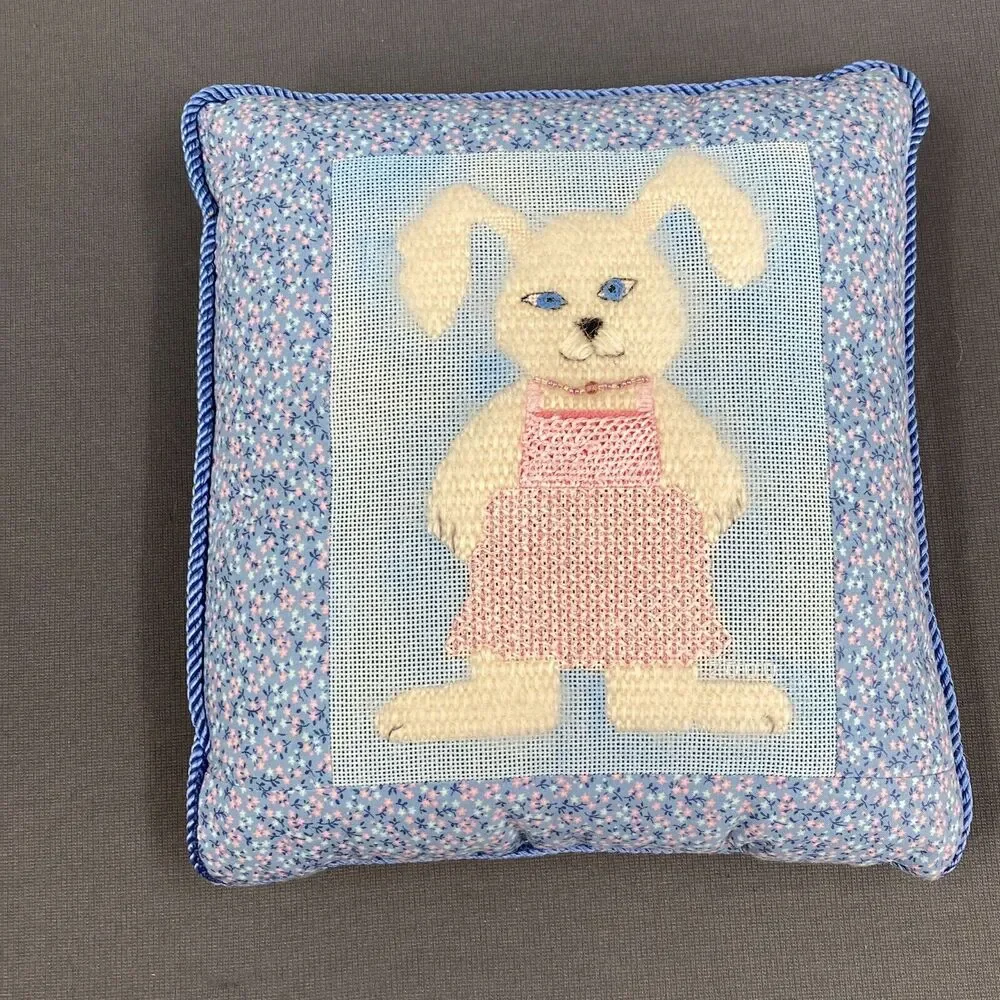 VTG Tooth Fairy Pillow Handmade Bunny Rabbit Needlepoint w Pattern Magazine OOAK